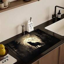 1pc Wolf Pattern Printed Absorbent Dish Drying Mat, Dish Drying Mat, Espresso Machine Countertop Absorbent Mat, Sink Drain Mat, Soft Faucet Absorbent Mat, Sink Cup Mat, Kitchen Supplies, Bathroom Supplies - Multicolor - View 4