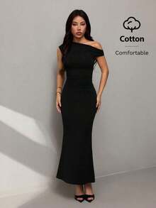 Ropa de verano, atuendos para citas diarias y viajes, atuendos de fiesta, atuendos interiores elegantes para mujeres, atuendos para salir, vestido asimétrico de sirena extra largo con hombros caídos, atuendos de club para mujeres, atuendos de - Negro 2 - Ver 5
