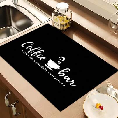1pc Black & White Minimalist Coffee Theme Pattern Absorbent Dish Drying Mat, Espresso Machine Countertop Absorbent Mat, Sink Drainage Mat, Soft Faucet Absorbent Mat, Bathroom Sink Cup Mat, Home Decor, Kitchen & Bathroom Accessories