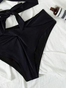 Swim Mod Conjunto de bikini de tirantes cruzados con envoltura de playa y soporte push-up para el verano - Negro - Ver 4