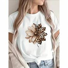 Women's T-Shirt With Leopard Floral Print, Round Neck, Short Sleeve, Loose Fit, Soft Cotton, Casual Style, For Spring/Summer, Ideal To Pair With Jeans - 白色 - 查看 5