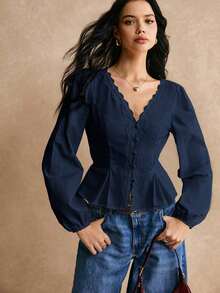 Camisa de algodón con detalles de botones y acabado de encaje elegante en la cintura, camisa de manga larga, camisa de cintura, top de encaje, camisa de encaje, camisa de algodón, detalle elegante de la cintura, para trabajo diario, salida, estilo chic sin esfuerzo, esencial, FW24, ropa de mujer de otoño - Azul marino - Ver 6
