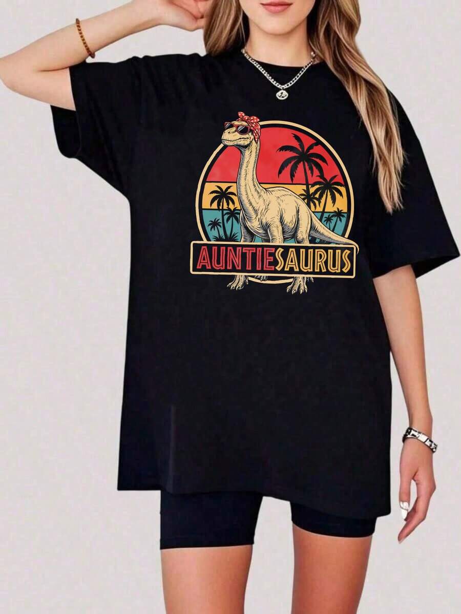 1 Piece, Unisex Short Sleeve Crew Neck T-Shirt, 180g, Retro Dinosaur Family Print With Sunset Palm Trees, Y2K Bababask Inspired Style, 100% Pure Cotton, Casual And Versatile For Urban Wear, Daily Outings, Summer, Camping, Concerts, Hip-Hop/Rock/Rap Events And Beachwear. Ideal For Festivals, Autumn, Year-Round Wear And Plus Sizes. - 黑色7 - 查看 1