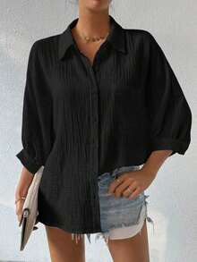 Camisa de mujer minimalista y casual de unicolor con botones delanteros, textura y hombros caídos - Negro - Ver 12