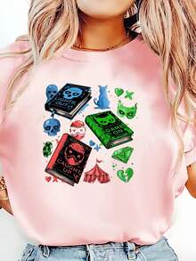 1 pieza Navessa Allen<into darkness="">Camiseta con estampado temático de series - Top casual de manga corta y cuello redondo para mujer, mezcla de poliéster suave, corte holgado, imprescindible para la moda de primavera y verano, 100% algodón de 180g.</into> - Blanco - Ver 6