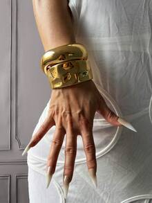 3pcs Unique Bangle Set, Gold Color Wide Cuff Bracelets, Luxury Elegant Style Bangles For Women - Yellow Gold - View 12