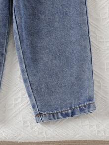 Pantalones vaqueros de niña con cintura elástica y bordado floral, pantalones casuales de moda callejera para exteriores - Azul - Ver 5