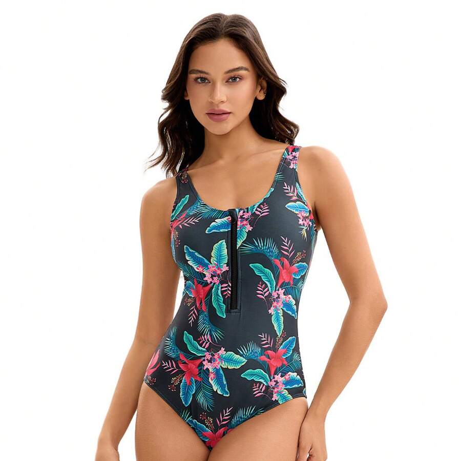 Nuevo traje de baño de una pieza con estampado triangular para mujer, sexy, sin espalda, ajustado y sin mangas. - Flor - Ver 1