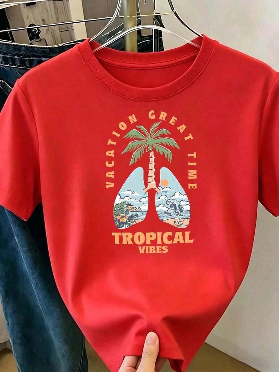 CasualPlayera roja de mujer con estampado tropical de palmera y playa, camiseta casual de manga corta, cuello redondo, blusa cómoda estilo verano vacaciones para viaje, paseo y outfits casualesMust-have - Rojo - Ver 1