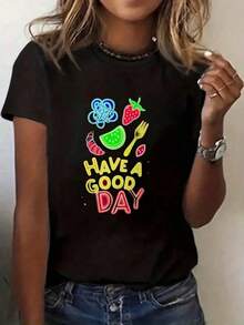 FashionNEW - Camiseta de Cuello Redondo con Estampado de Neón 'Have a Good Day' para Mujer - Camiseta de Verano de Manga Corta, Brillante y Alegre, Tela Suave y Cómoda, Ropa Casual, Camisetas para Damas - Estilo Urbano Vintage, Camiseta Unisex de Algodón de Manga Corta y Cuello Redondo - Negro - Ver 9