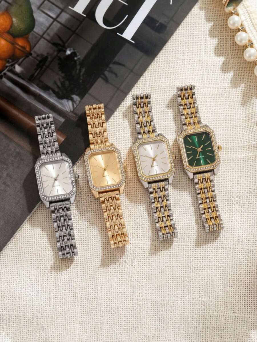 1pc/2pcs/3pcs An Exquisite Ladies' Wristwatch Featuring A Unique Square Dial Adorned With Diamonds And Vintage-Style Roman Numeral Markers-Whether As A Birthday Gift, A Bridesmaid's Present, Or For Everyday Wear, It Is The Perfect Choice For Gifting To Friends And Loved Ones.Women/Her/Wife/Girlfriend/Mom, Valentine's Day, Mother's Day, Birthday, Anniversary, Christmas, Graduation, New Year - Multicolor - View 1