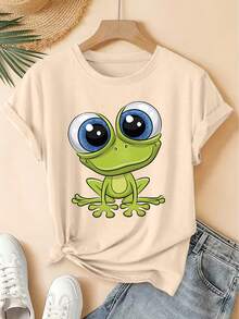 Short-Sleeved T-Shirt With A Cartoon-Style Big-Eyed Frog Print, Vintage Round Neck, Cool Forest Style, Loose Fit, Elegant For Spring And Summer Parties, Versatile For Everyday Wear, Women's T-Shirt. - 杏色 - 查看 7