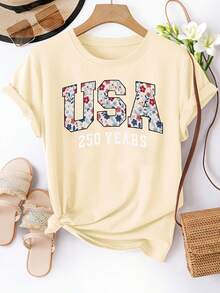 Plus Size Women's Casual Short Sleeve Crew Neck T-Shirt - Designed For American Floral's 250th Anniversary, Stretchy And Breathable Fabric Suitable For Spring And Summer, Women's Top, Comfortable Fit, Commemorative T-Shirt For American Floral's 250th Anniversary. - 杏色 - 查看 6