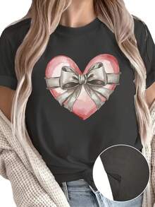 Camiseta de cuello redondo con estampado de corazón y lazo, camiseta casual de manga corta para primavera/verano, ropa de mujer. EGOH - Gris Oscuro - Ver 7