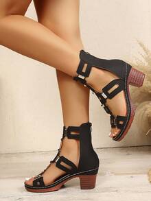 Women's Hollow Geometric Pattern Metal Rivet Chunky Heel Roman Sandals, Gladiator Sandals, Summer Shoes - Black - View 7