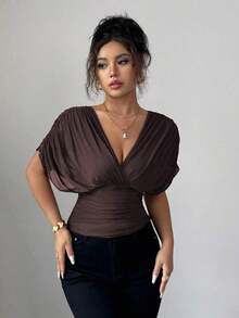 Camiseta de mujer para primavera/verano con malla, forro elástico de punto, elegante para vacaciones, playa, uso diario y casual, con estilo romántico francés, mangas con fruncidos cruzados en los hombros, cintura fruncida con cordón y volantes en el bajo - Café integral - Ver 8