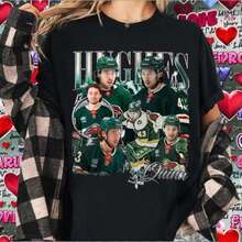 Camiseta, sudadera y sudadera con capucha de los Minnesota Hockey de 2026, de Quinn Hughes, con estampado genial para mujer. - Negro - Ver 7