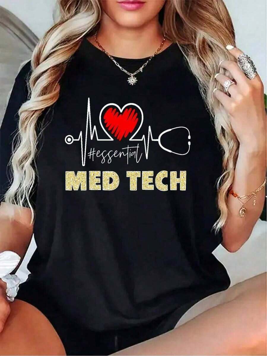 Camiseta casual de manga corta con cuello redondo y estampado esencial de tecnología médica para mujer - Negro - Ver 1
