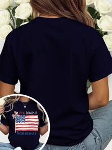 Women's Round Neck T-Shirt With Red, White And Cranberry Print, Featuring Red, White And Cranberry Patterns And The Independence Day Flag, A Comfortable And Fashionable Loose-Fitting Garment For Everyday Autumn Wear, Suitable For Casual Parties, Breathable And Slightly Stretchy, Machine Washable. - 黑色 - 查看 4