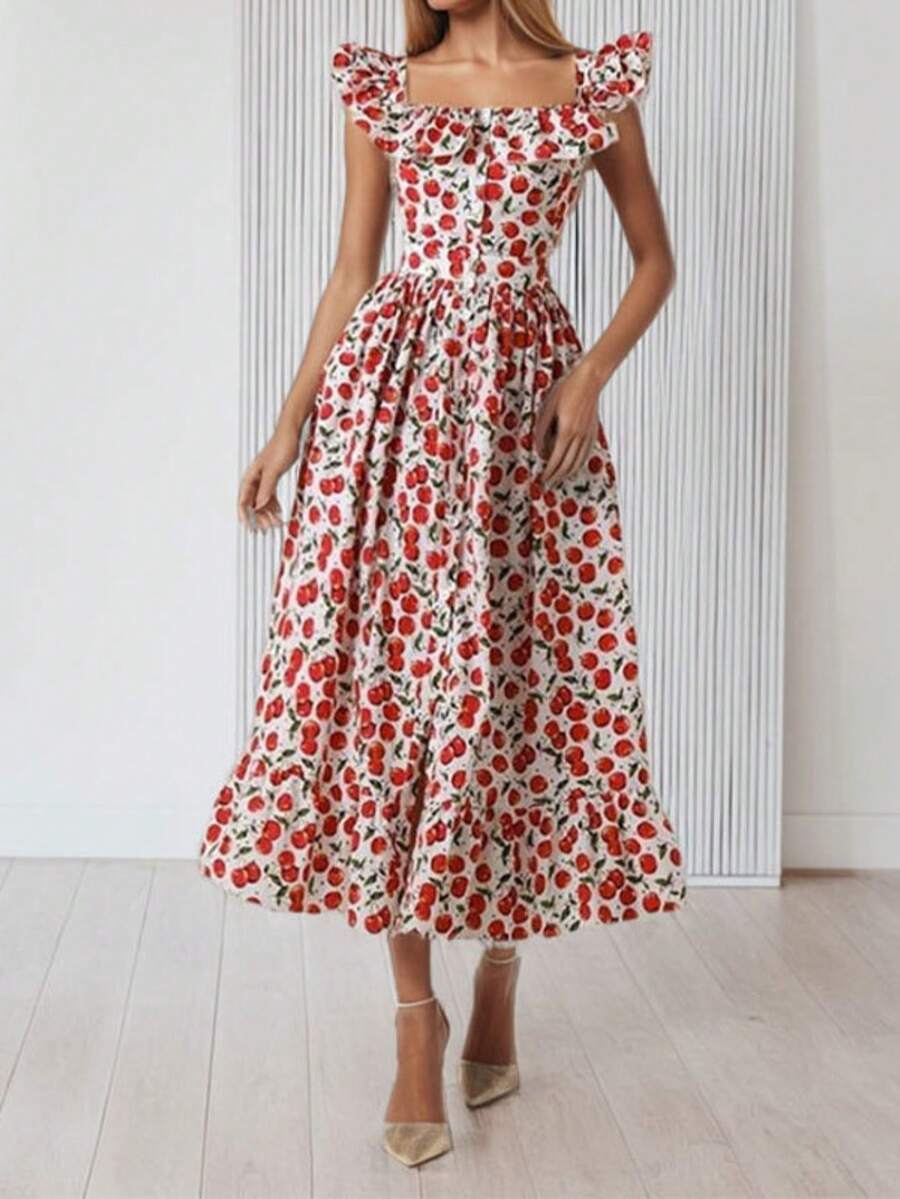 Elegant Casual Spring Dress In A European Style With A Mixed Print And Delicate Ruffles For Fashionable Women - Red - View 1