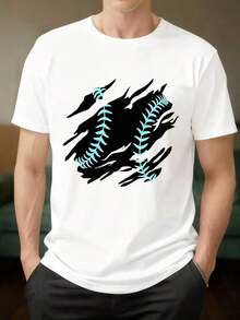 Black T-Shirt With Cyan Baseball Print - Baseball Stitching Design With Ripped Effect - Ideal For Sports, Outdoor Activities, And Casual Wear. Great For Gifting. Women's T-Shirts, Men's T-Shirts, Shirts > Stylish. Bohemian Style. Soft, Breathable, And Comfortable Women's Blouses, Ideal For Spring, Summer, And Fall, Perfect For Vacations, Travel, Everyday Wear, And Watching Games. - 白色的 - 查看 7