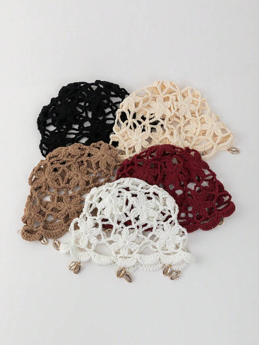 1 chiếc mũ len móc hoa nhỏ màu vàng ngọc bích mỏng nhẹ, thời trang mùa xuân/thu cho nữ, thích hợp cho đi biển và phong cách boho. - A - Xem 1