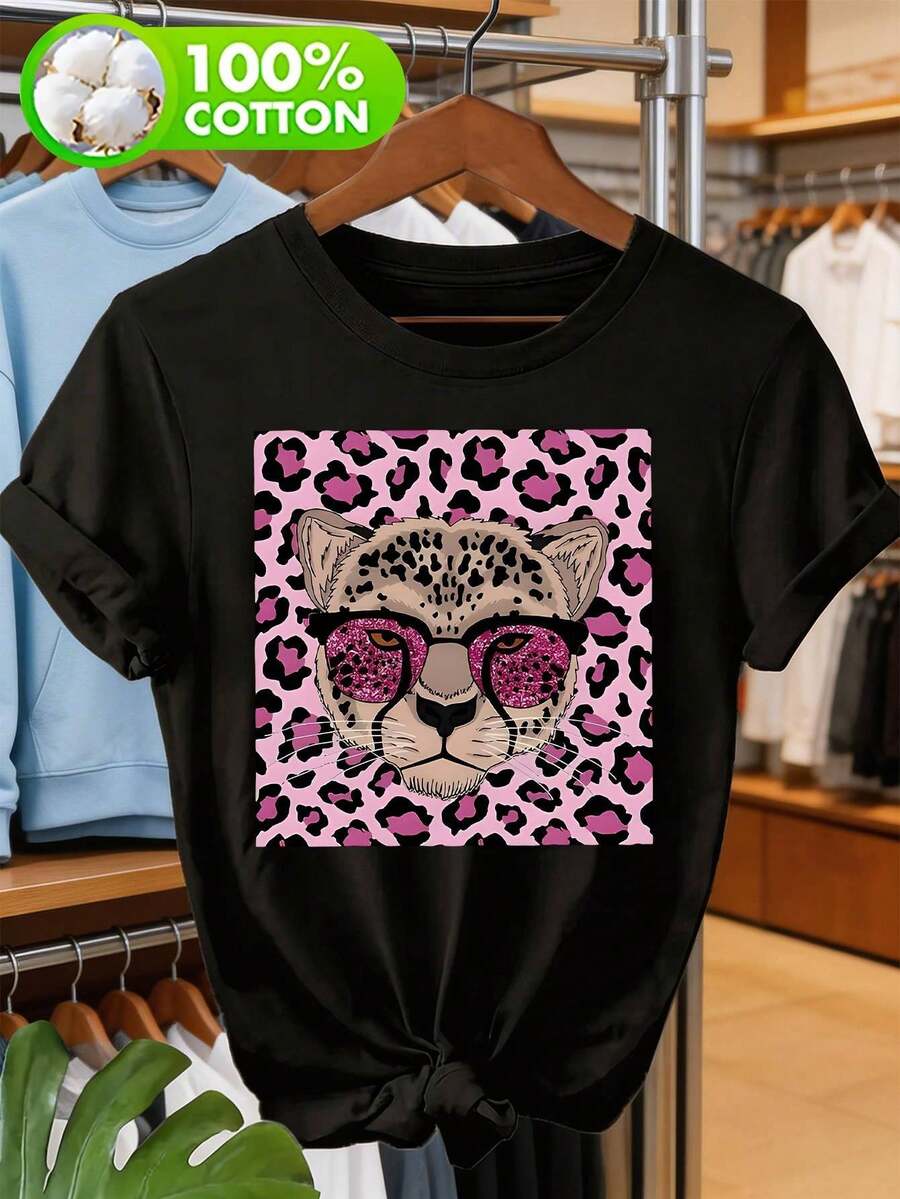 Minimalist. 1 Pack. 100% Cotton. Leopard Cat Summer Tee For Women. Summer Crew Neck - Black - View 1
