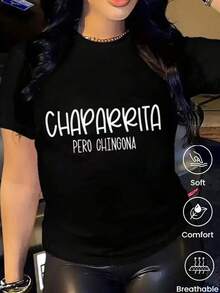 180 g Hecho en México, Moda Primavera/Verano 2026 Camiseta de manga corta, Estampado de dibujos animados, Estilo para parejas, Ropa interior/exterior, Cuello redondo informal para la oficina, Top unisex de una pieza - Negro - Ver 1