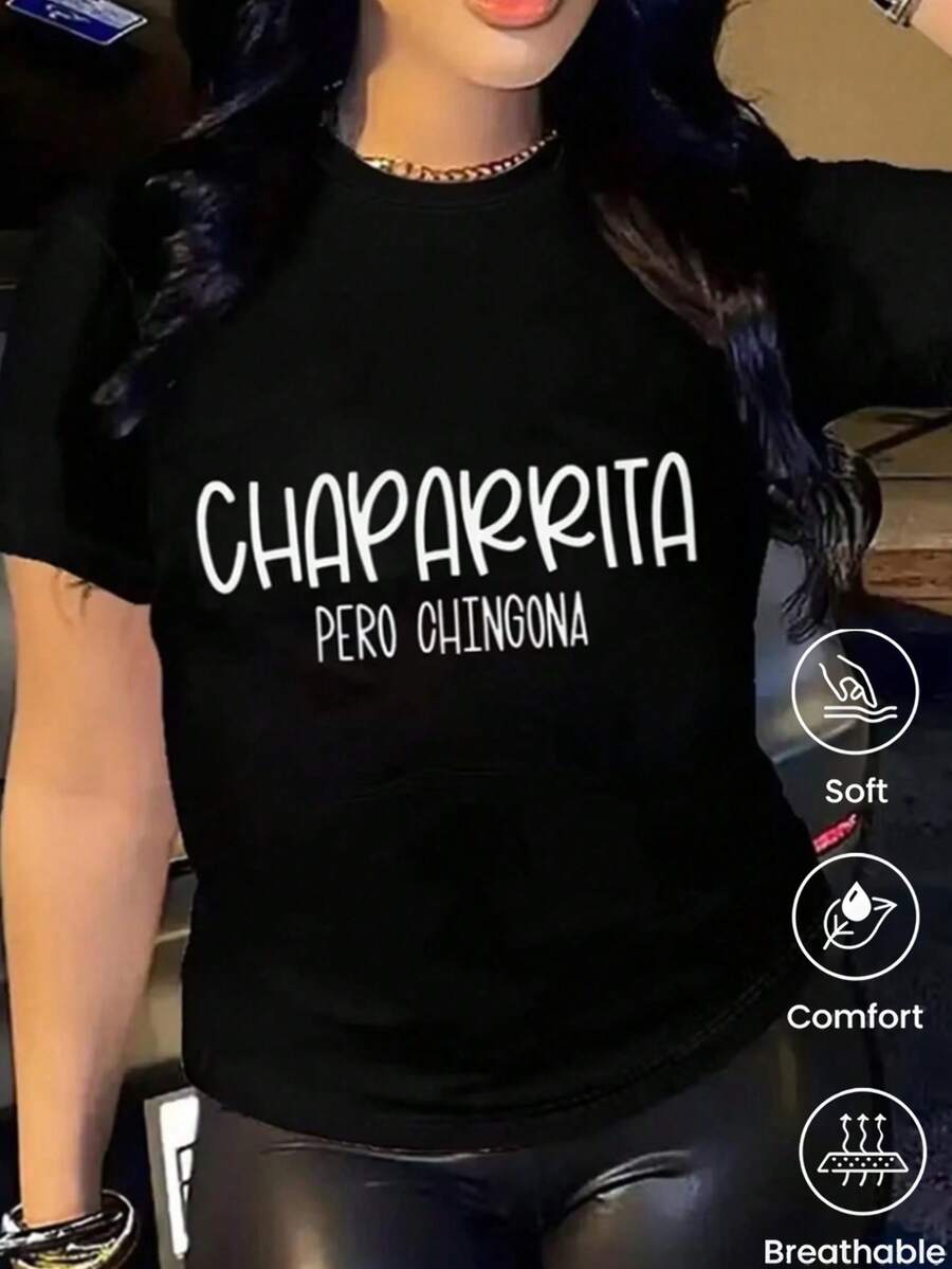 180 g Hecho en México, Moda Primavera/Verano 2026 Camiseta de manga corta, Estampado de dibujos animados, Estilo para parejas, Ropa interior/exterior, Cuello redondo informal para la oficina, Top unisex de una pieza - Negro - Ver 1