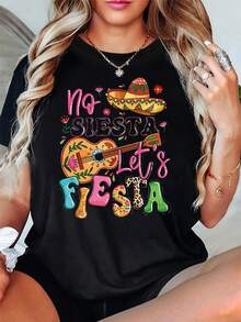 Camiseta de algodón puro para mujer con temática de carnaval mexicano - "No Siesta Let's Fiesta" estampada con sombreros mexicanos brillantes y maracas. Es una camiseta casual ligera, de manga corta y cuello redondo, con diseños de cactus y chiles. Adecuada para fiestas de primavera y verano, uso diario, celebraciones mexicanas, atuendos de festival, ropa de vacaciones. Lavable a máquina, material transpirable, camiseta estampada, ideal para entusiastas de fiestas y participantes en festivales. - Negro - Ver 5