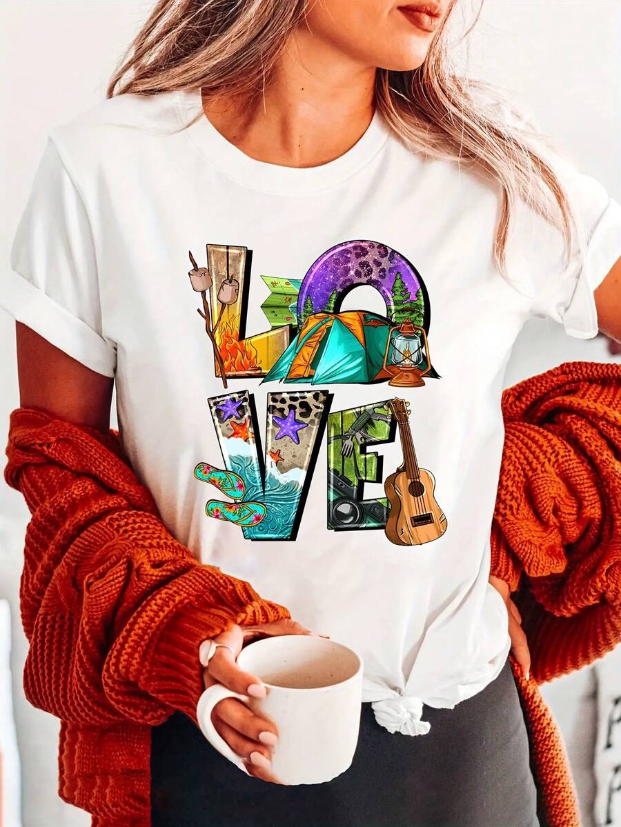 Modern Letter Print T-Shirt For Camping Lovers, Casual Short Sleeve Top With Round Neck, Suitable For Summer And Spring, Women's Clothing. - White - View 1