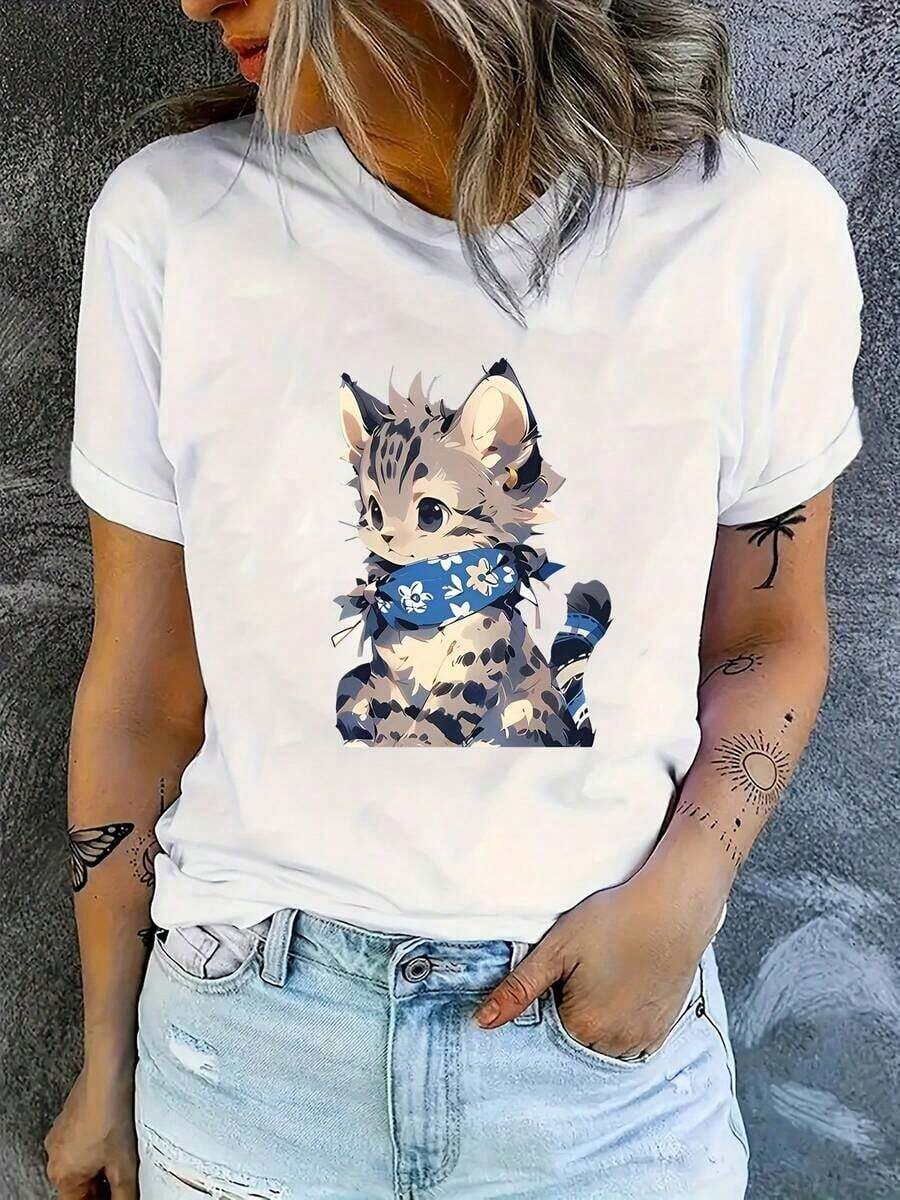 Suave y Adorable Camiseta Blanca de Algodón con Estampado de Gato, Manga Corta, Cuello Redondo, Corte Regular para Mujer, Top Casual a la Moda con Ligera Elasticidad, blusa casual mujer, blusas para mujer, playeras de mujer algodón - Blanco - Ver 1