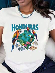 Nuevas llegadas para el verano. Camiseta de manga corta para mujer con estampado de mapa de Honduras, loros, aves tropicales, flores y peces. Ropa casual de verano, tela cómoda, perfecta como regalo. Blusa, camisa > Hermosa. - Negro - Ver 7