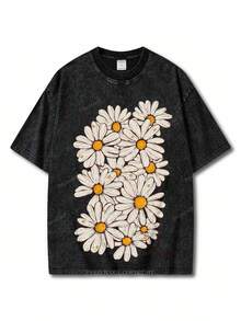 1 pieza de camiseta de algodón lavado con estampado floral, camiseta de marca de moda vintage de algodón batik de alta calidad, camiseta para mujer, popular para uso diario, regalo para vacaciones, regalo perfecto, 180g 100% algodón. - Negro - Ver 6