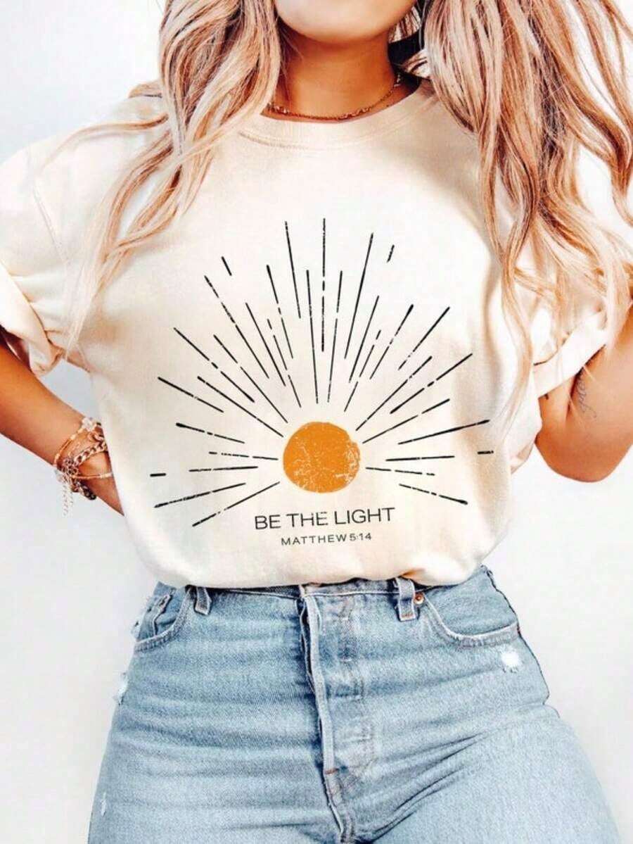 Sé la Luz Mateo 5:14, Camiseta Vintage con Versículo Bíblico, Diseño Celestial Cristiano, Camiseta Boho, Camiseta con Diseño de Sol, Regalo Inspirador, Camisetas Gráficas Unisex, Camiseta Divertida - Blanco - Ver 1