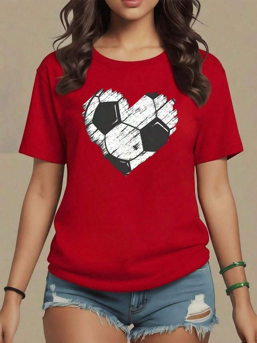 NewSummerCasualHeart Formed By Football Strokes Symbolizing The Passion And Spirit Of The Game With Artistic Texture And Sporty Energy. Women's T-Shirt, 100% Soft And Comfortable Cotton For Everyday Wear - Vintage Street Style Unisex Loose Cotton Short Sleeve Crew Neck T-Shirt - 紅色的 - 查看 1