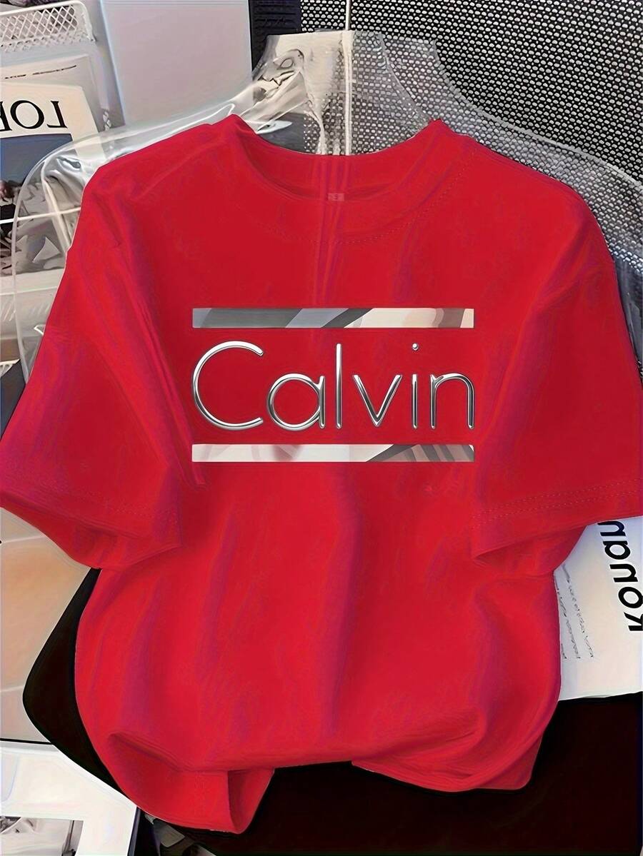 Camiseta de manga corta para mujer, estilo nuevo de primavera y verano, con estampados de personajes y letras en inglés, camiseta casual personalizada. - Rojo - Ver 1