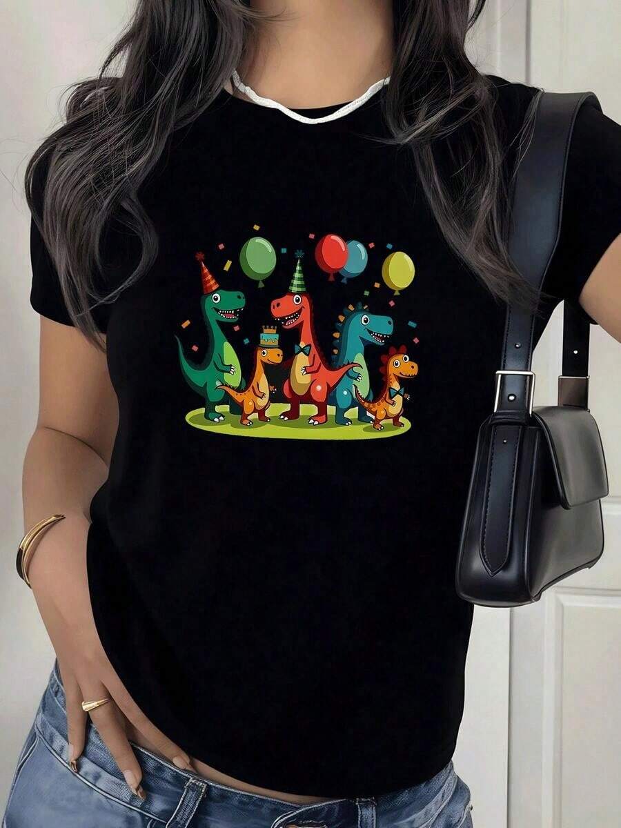1 Camiseta de moda casual para hombre y mujer con estampados festivos de dinosaurios, globos y confeti. Diseño original y divertido para un look casual y moderno. Comodidad y estilo. Versátil, fácil de combinar, adecuada para el uso diario, estilo urbano, conjuntos de vacaciones y conjuntos de fin de semana. - Negro - Ver 1