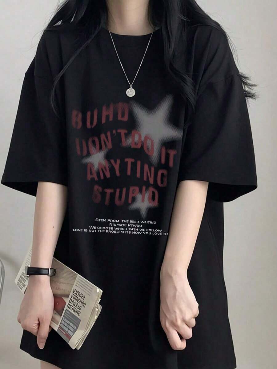 ropa de mujer Camiseta de manga corta estilo japonés para mujer, corte holgado, cuello redondo, casual, versátil, con estampado de letras y estrellas, primavera/verano, camisas de mujer negras - Negro - Ver 1