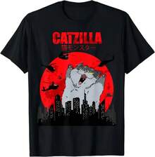 Camiseta femenina en algodón, manga corta cuello redondo, estampado divertido de Catzilla, moda urbana para México temporada cálida - Negro - Ver 2