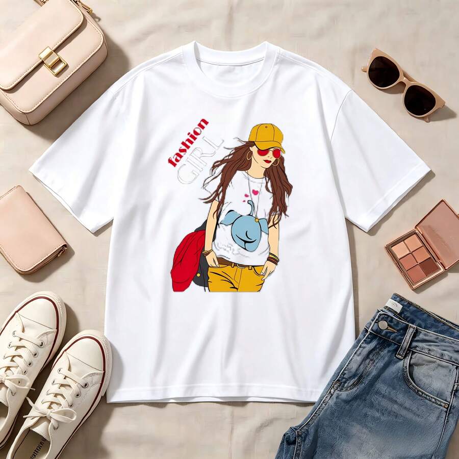 Retro, Kawaii, Cat Lovers, 100% Cotton, Oversized, Soft Breathable, Casual Crewneck, Short Sleeve Top, Summer Vibes, Streetwear - 白色 - 查看 1