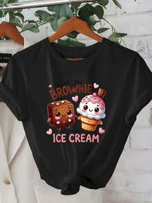 Camiseta de manga corta para mujer, corte regular, con diseño geométrico 2D de brownie y helado, patrón dulce e interactivo, estilo urbano moderno. | Adecuado para vacaciones y ocio | Adecuado para el transporte diario. - Negro - Ver 1