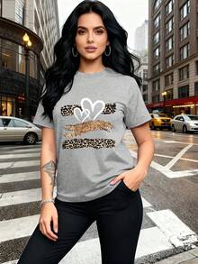Glitter Heart Print T-Shirt With Leopard Print Design,  And Breathable, Suitable For Family Trips, School Activities, Casual Sports, Daily Commutes, Matching Sister Outfits, Versatile T-Shirt. 9XO7 - 淺灰色 - 查看 6