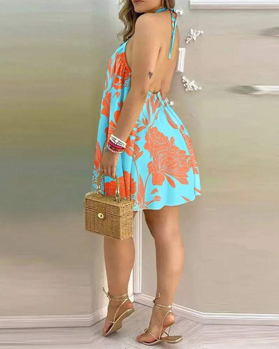 Vestido con cuello halter y estampado floral Vestido halter sin espalda bohemio para primavera y verano Ropa de mujer - Azul cielo - Ver 1