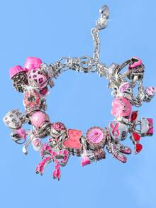 1 chiếc vòng tay charm hình trái tim nơ họa tiết da báo, 1 chiếc vòng tay bánh donut hồng, 1 chiếc vòng tay hoa trái tim, 1 chiếc vòng tay golf mặt nạ mặt hài hước - Bạc - Xem 2