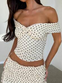 Women Y2K Polka Dot Off Shoulder Crop Top Coquette Twist Front Ruched Slim Fit Ruffled Sleeves Summer Going Out Top - White - View 4