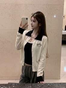 女款2件組，夏季出遊甜美配色雙肩帶背心 & 刺繡杏色開襟外套冷氣上衣，配色拼接開襟針織吊帶背心2件組 - 黑杏色 - 查看 6