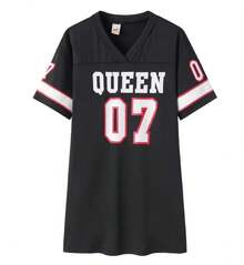 Nuevo Vestido de Moda 2026 con Cuello en V y Estampado de Letras 'Queen', Manga Corta, Estilo Deportivo de Baloncesto, Sexy y Holgado, Ropa Femenina Urbana - Negro - Ver 4