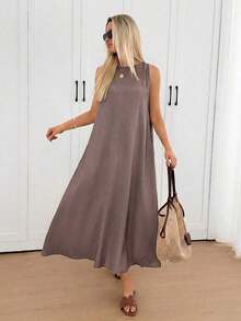 Vestido midi holgado sin mangas con espalda plisada, bajo irregular, silueta en A, tela de crepé texturizada, uso casual, relajado y elegante para la oficina/vacaciones para mujeres, primavera/verano - Púrpura polvoriento - Ver 2