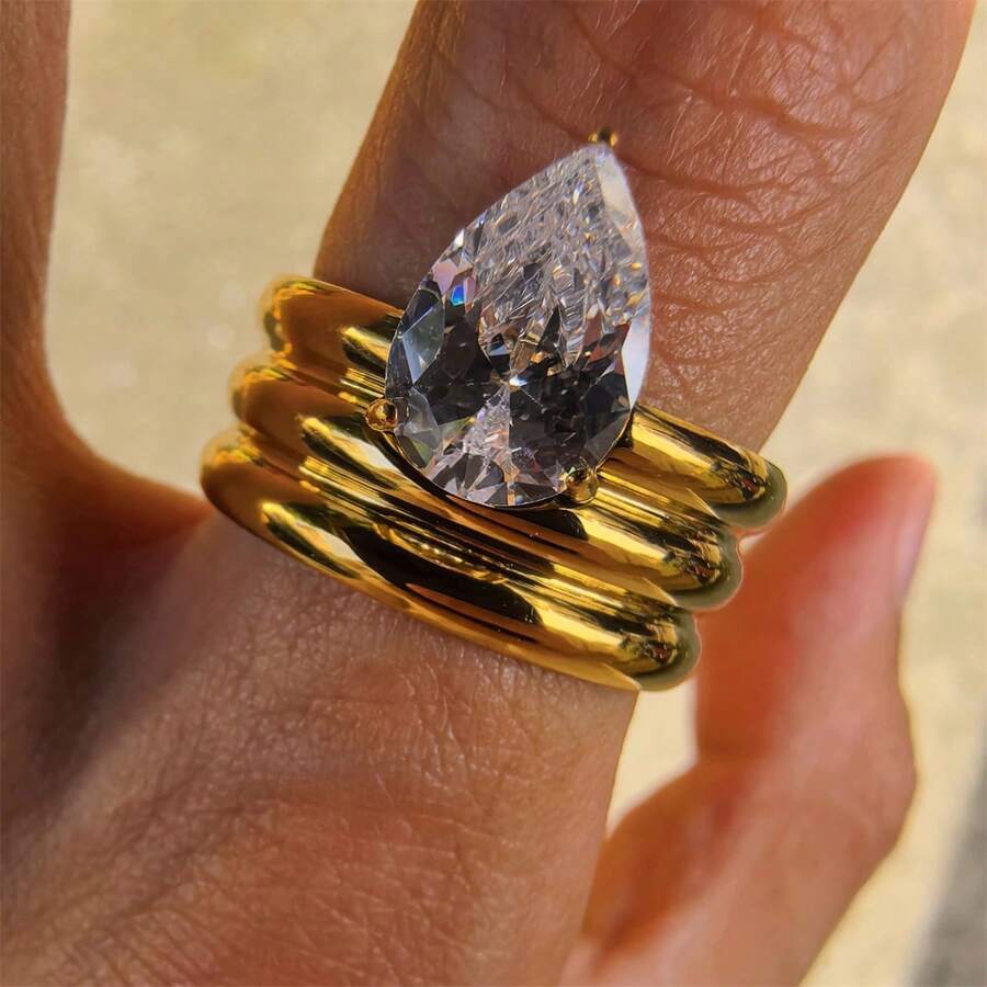 VKHK 1 pieza Anillo grueso con decoración de circonita brillante en forma de lágrima, chapado en oro de 18K de acero inoxidable, adecuado para uso diario y bodas de mujeres, regalo - anillo de diamantes - Ver 1